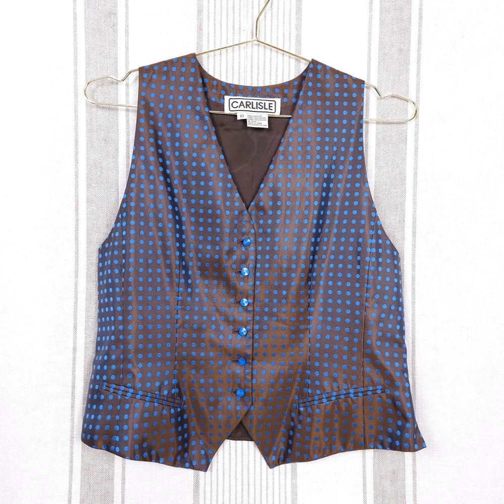 VTG CARLISLE Vest Womens 10 Silk Polka Dot Brown Blue Twee Cute Maximalist Style